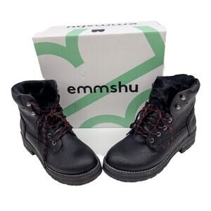 EMMSHU Combat Boots  Black Faux Fur Tongue Migas Lace Up 7 Women's
